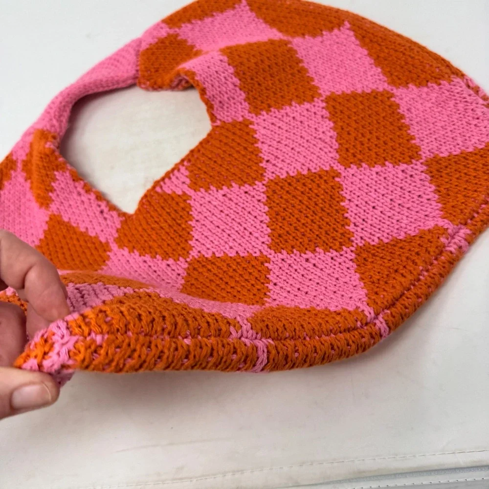Kopari Pink Orange Checkered Knit Tote Bag Harlequin Pattern Top Handle Bag